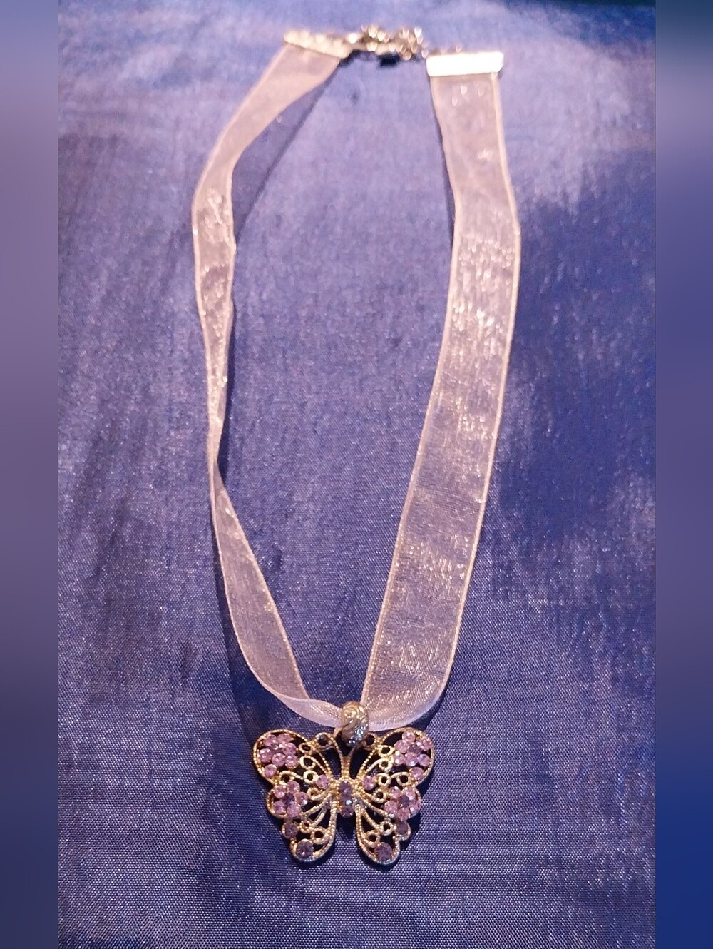 Sheer Ribbon Necklace with Purple Crystal Butterfly Pendant